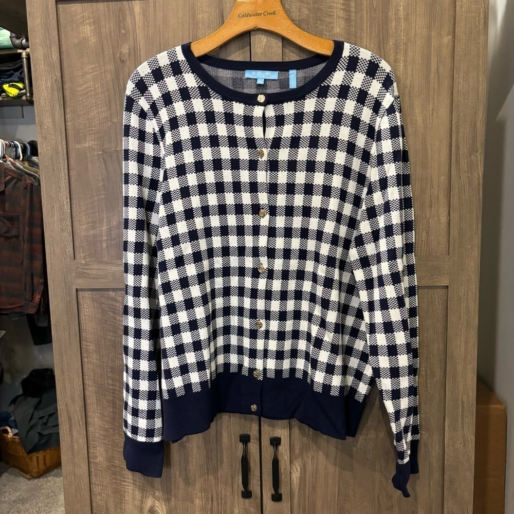 Draper James RSVP XL Gingham Cardigan Navy White Sweater